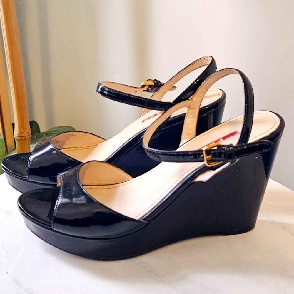 Authentic Prada Black Patent Wedge Heels Sandals Size 38.5 EU